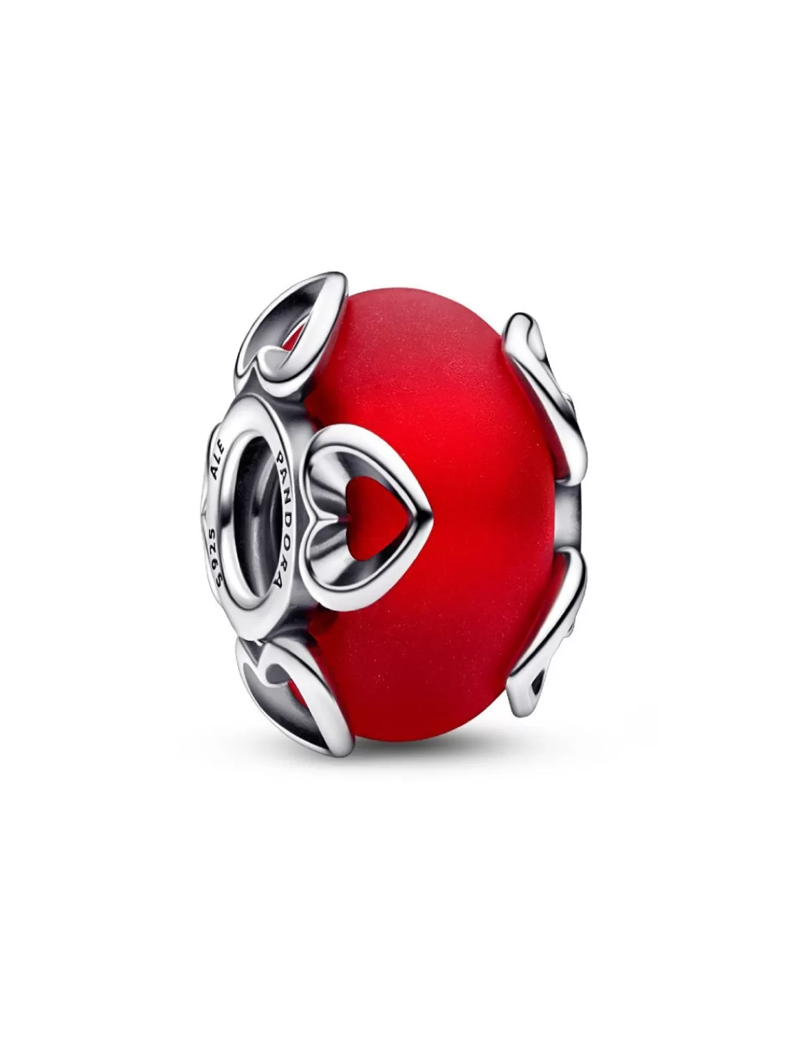 Pandora Silber Charm Mattiertes Rotes Muranoglas & Herzen | Damenschmuck