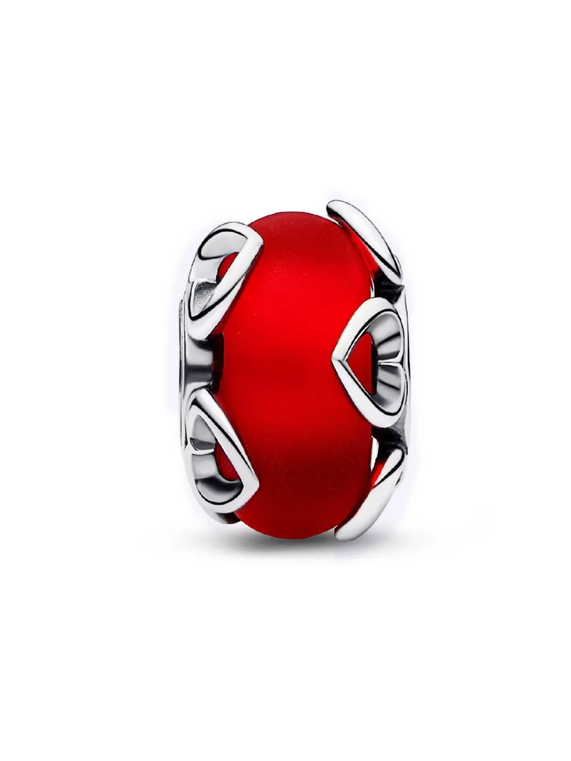 Pandora Silber Charm Mattiertes Rotes Muranoglas & Herzen | Damenschmuck