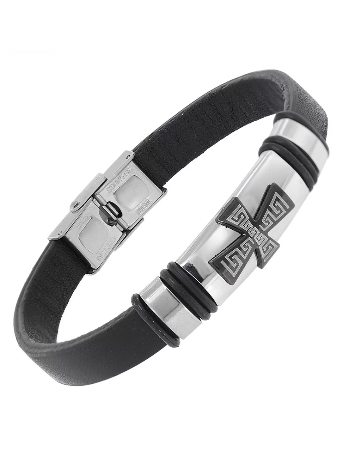 trendor Herren Leder-Armband Schwarz Mit Kreuz | Herrenschmuck