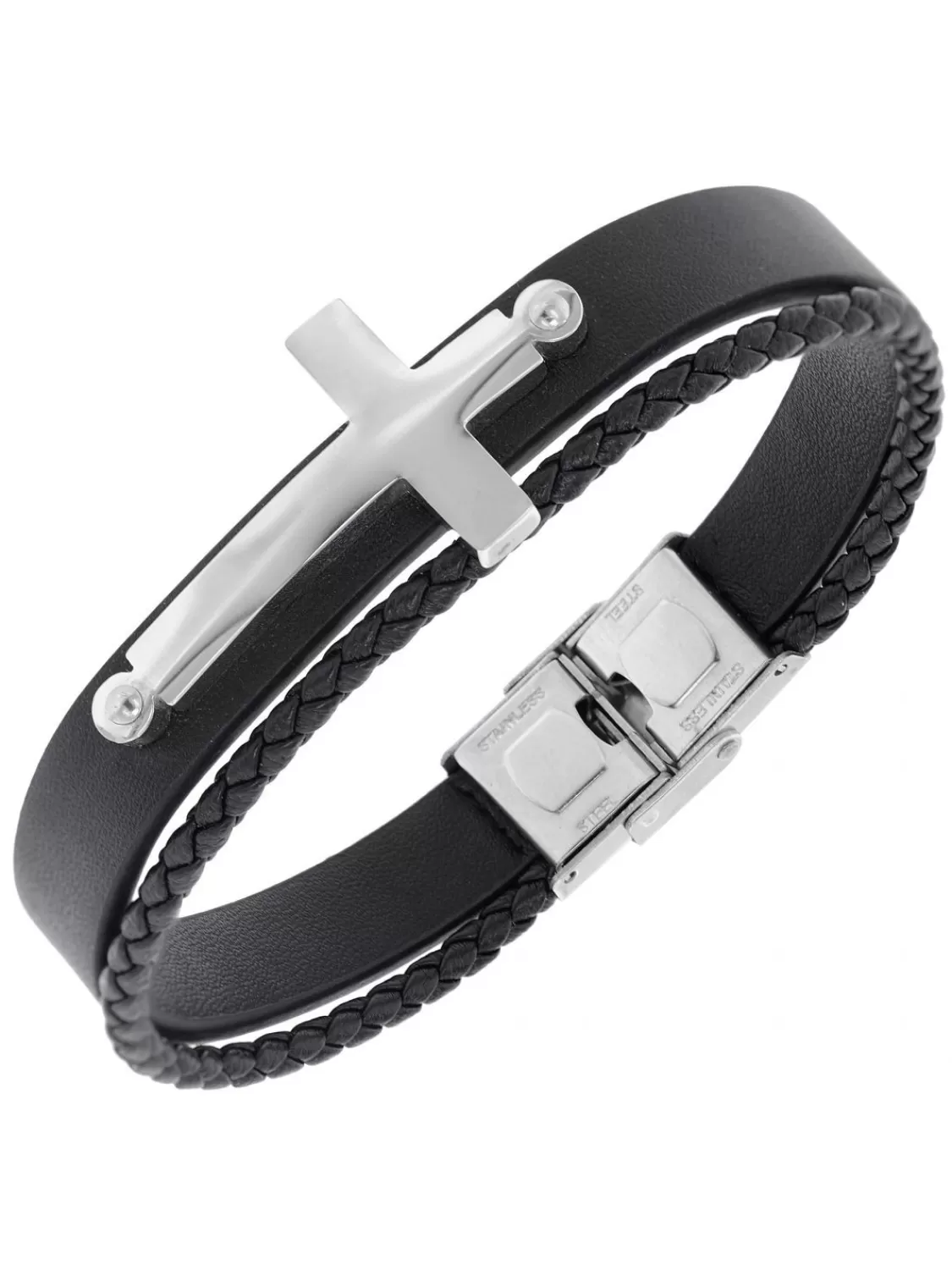 trendor Herren-Armband Leder Schwarz Stahl Kreuz | Herrenschmuck