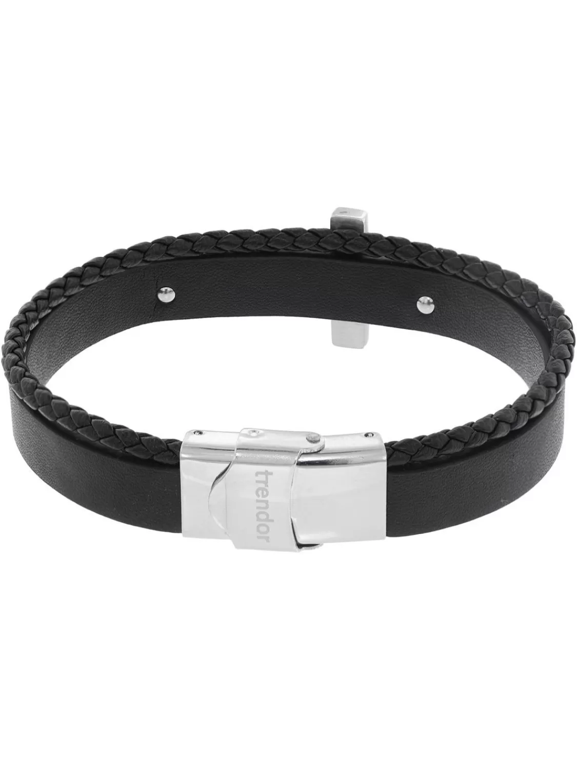 trendor Herren-Armband Leder Schwarz Stahl Kreuz | Herrenschmuck