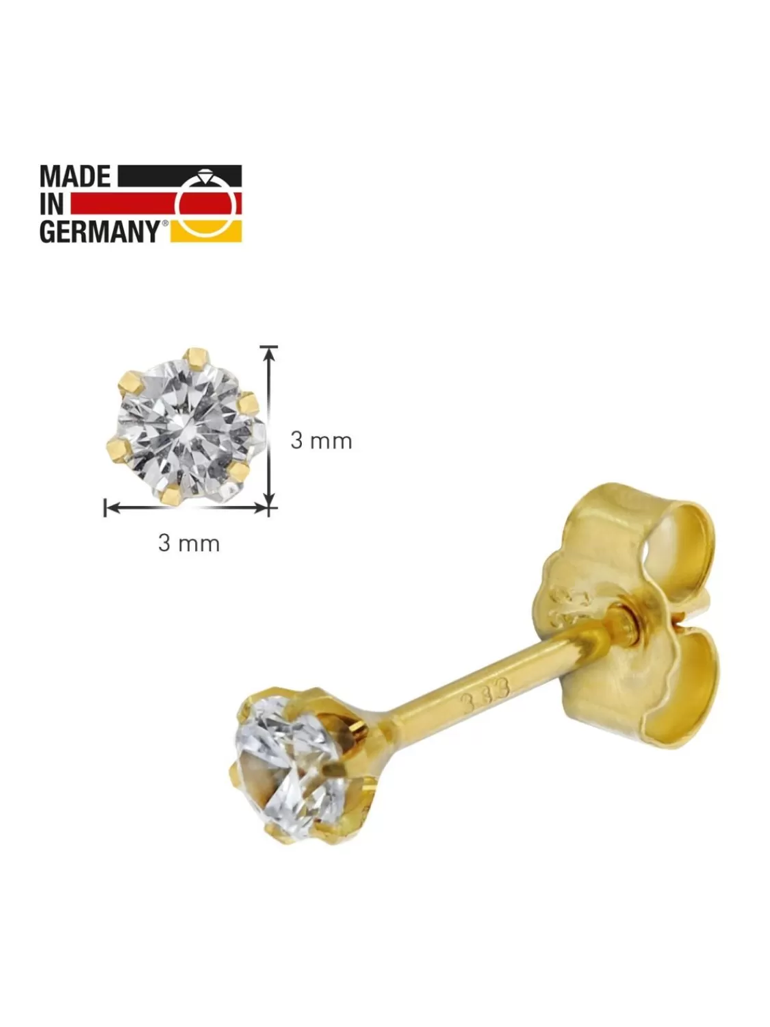 trendor Ohrringe Fur Damen Und Herren Gold 333 (8 Kt) Zirkonia 3 Mm | Herrenschmuck